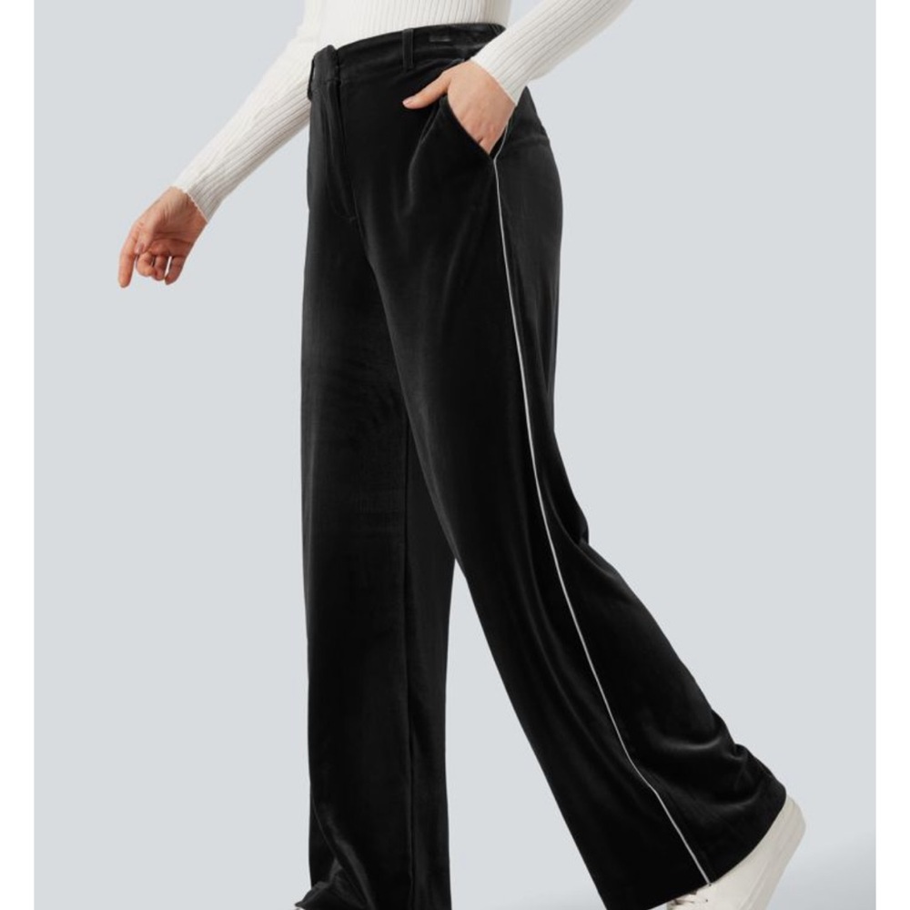 HALARA Black Wide Leg Pants with White Side Piping